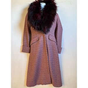 Sisley vintage Women’s midi length coat removable faux fur Wool silk blend sz 6